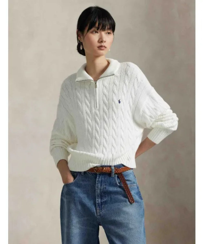 Maglione Donna a Trecce con Mezza Zip